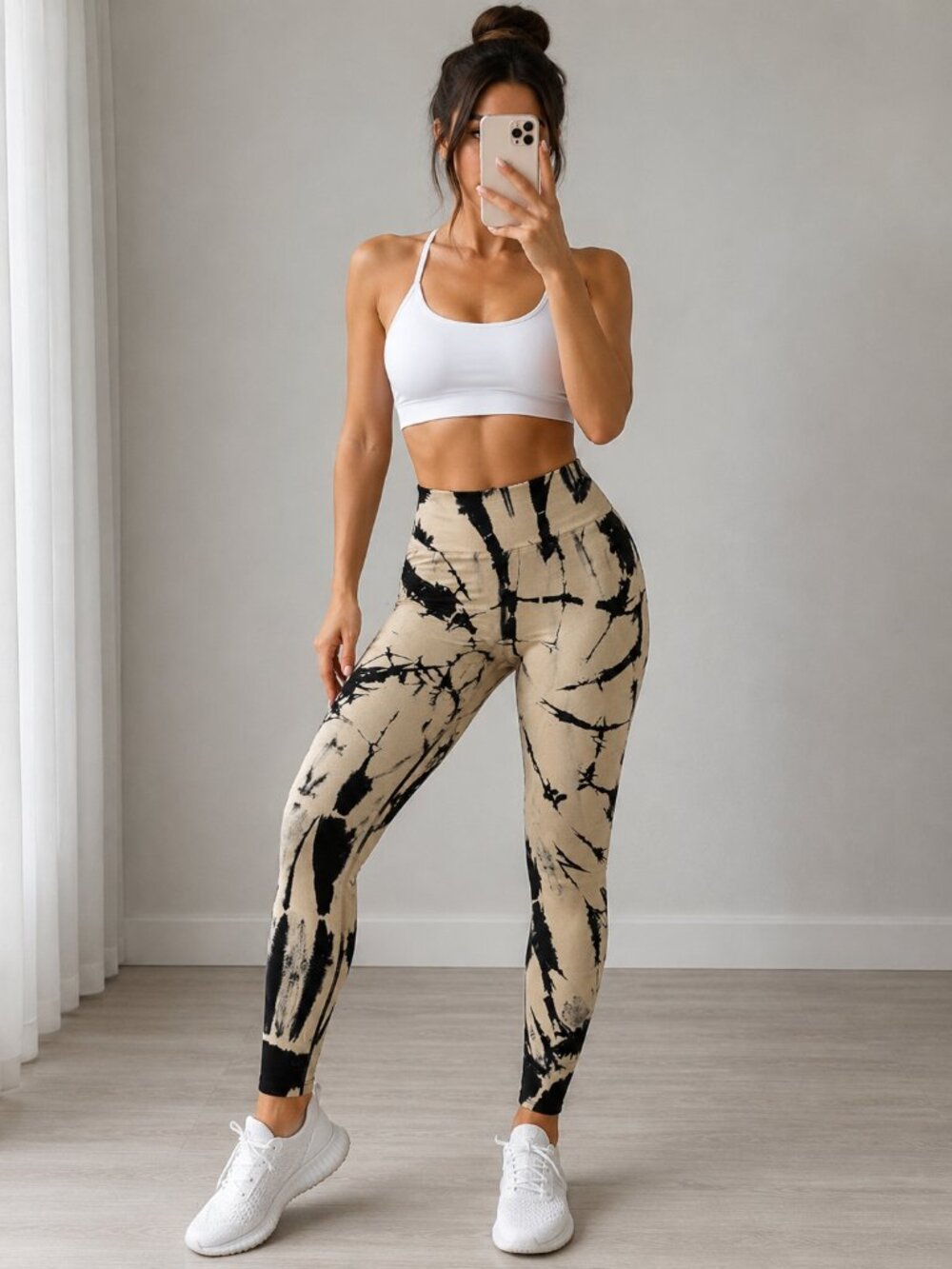 Tie Dye High Waisted Seamless Leggings Beige Black Compression Activewear Yoga S